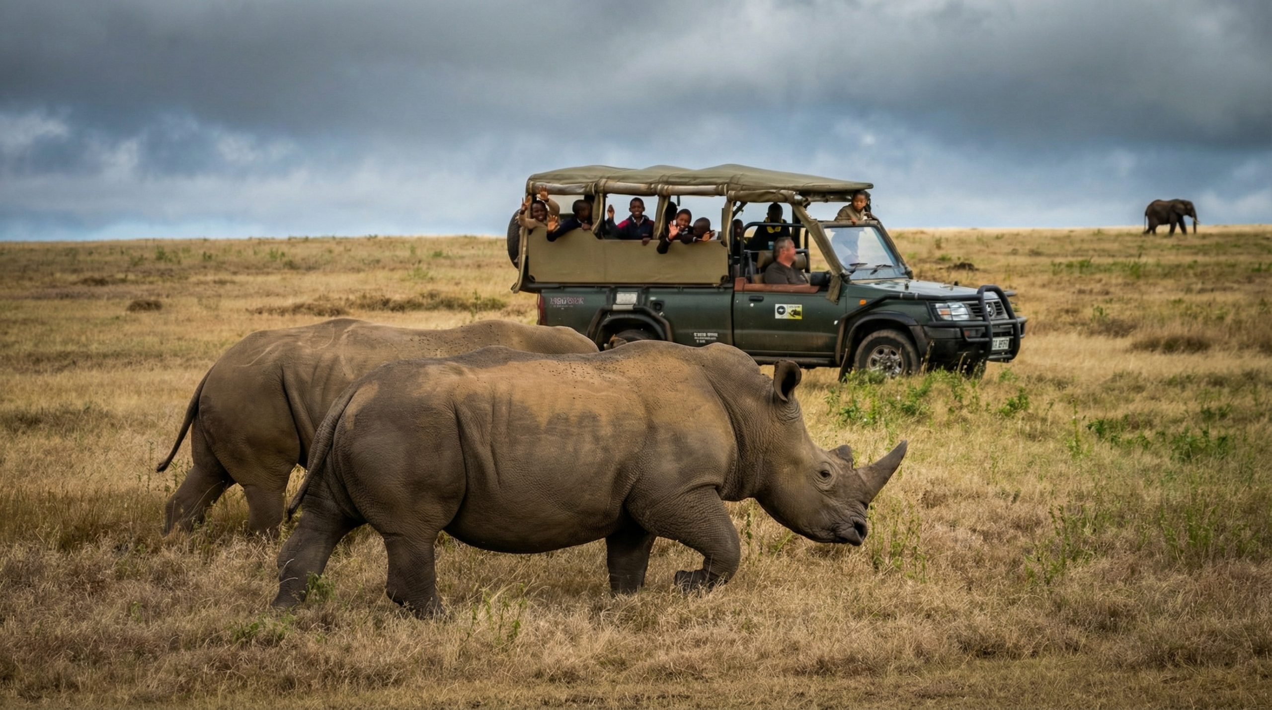 Low-angle wildlife photography of a white rhino crash at Solio Reserve taken from a specialized safari 4x4.